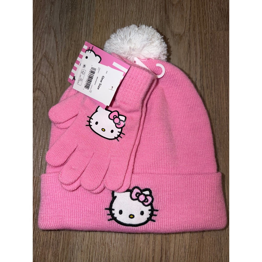 Hello Kitty Girls Pink Beanie and Glove Set Sanrio Winter Hat Pom Pom One Size